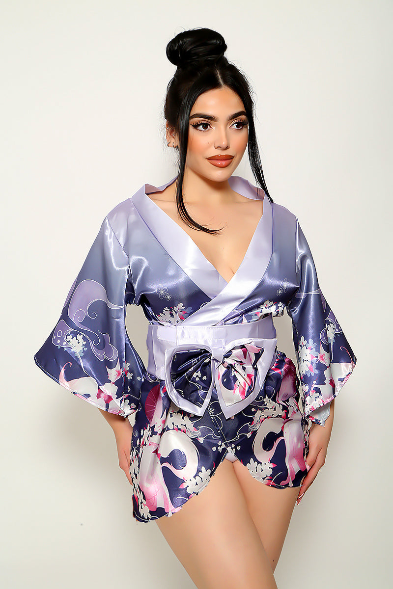 Purple Floral Print Satin Sexy Geisha Kimono Costume