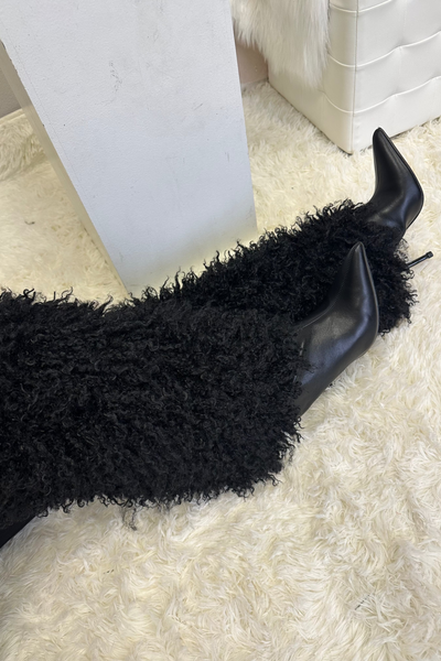 Black Furry Knee High Sexy Eskimo Pointy Heel Fur Boots