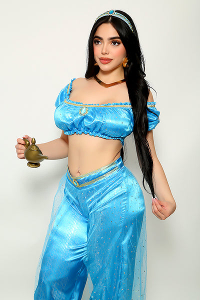 Blue Mesh Glitter Gold Off Shoulder Sexy Princess Jas Costume