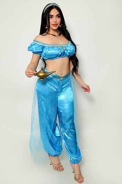 Blue Mesh Glitter Gold Off Shoulder Sexy Princess Jas Costume