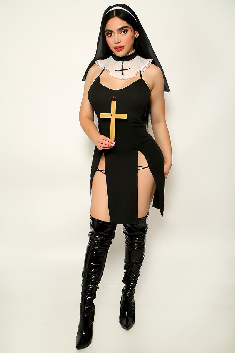 Black High Slit White Mesh Cross Collar Sexy 4Pc Nun Costume