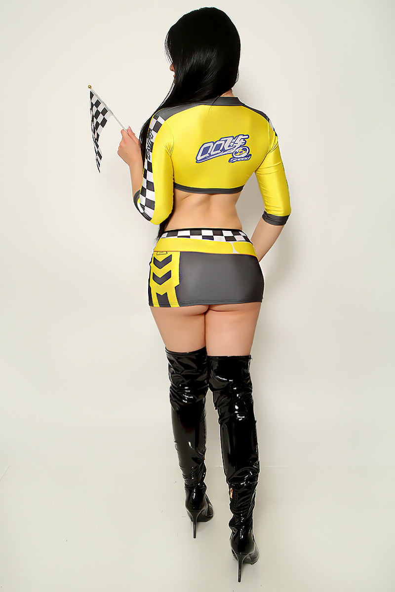 Yellow Checkered Zipper Sexy Race Car Racer 2Pc Costume
