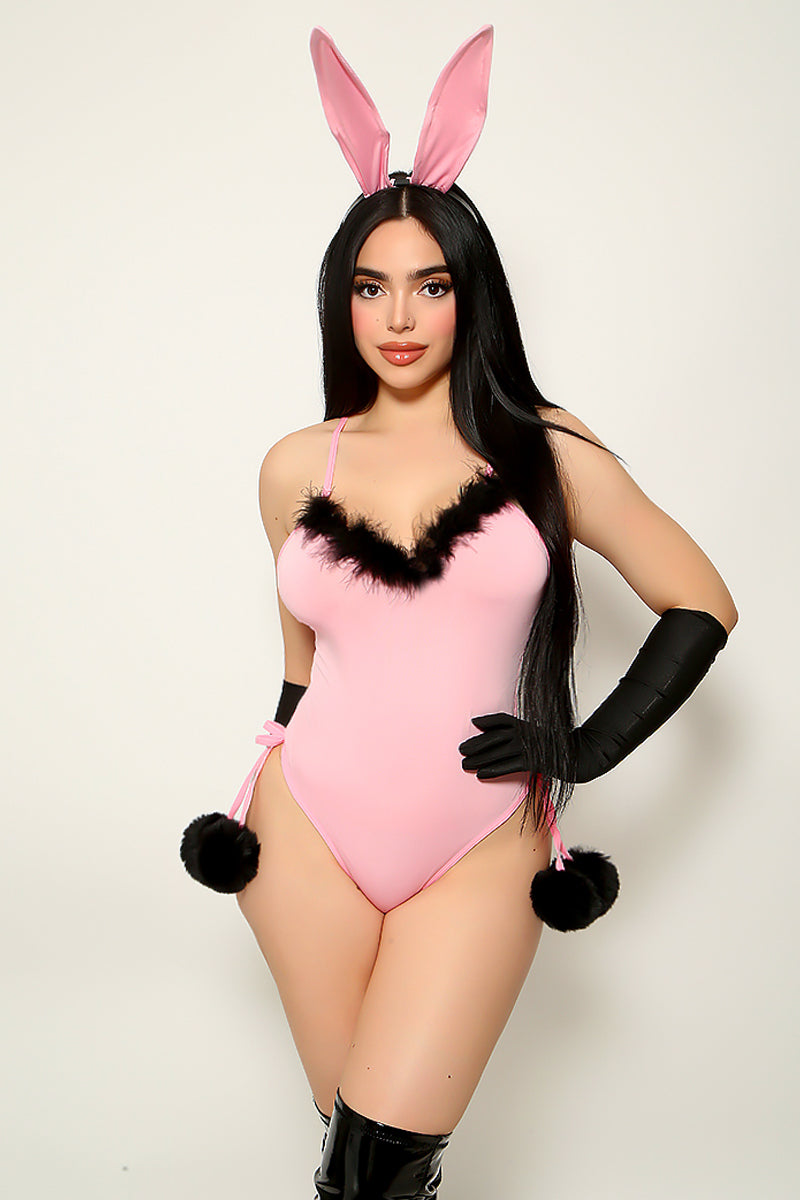Pink Black Fur Sexy Open Back Pom Pom Bunny Costume