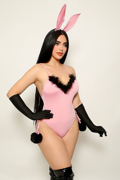Pink Black Fur Sexy Open Back Pom Pom Bunny Costume