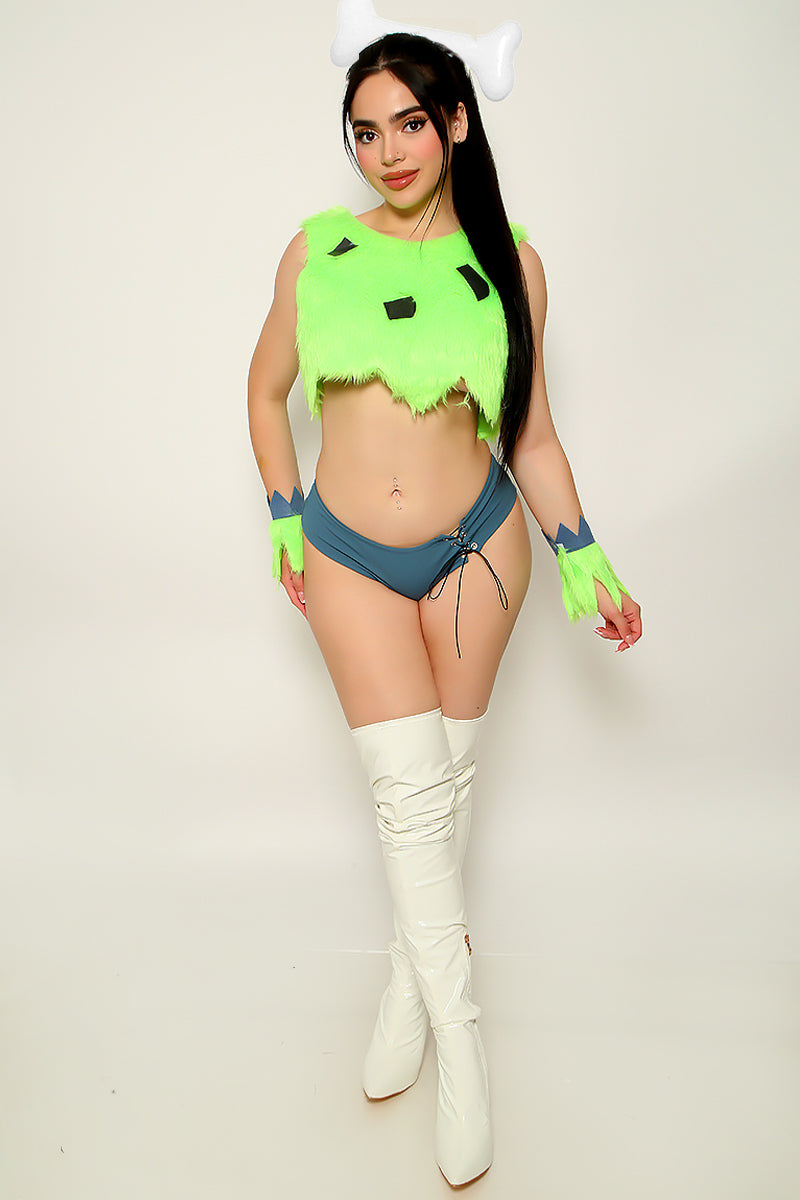 Green Fur Sexy Flinstone Pep 4Pc Costume Set