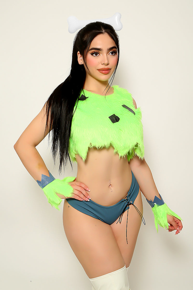 Green Fur Sexy Flinstone Pep 4Pc Costume Set