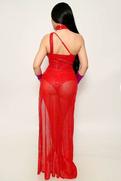 Red Sequin One Shoulder Cut-Out Asymmetrical Sexy Maxi Dress Jessica Costume