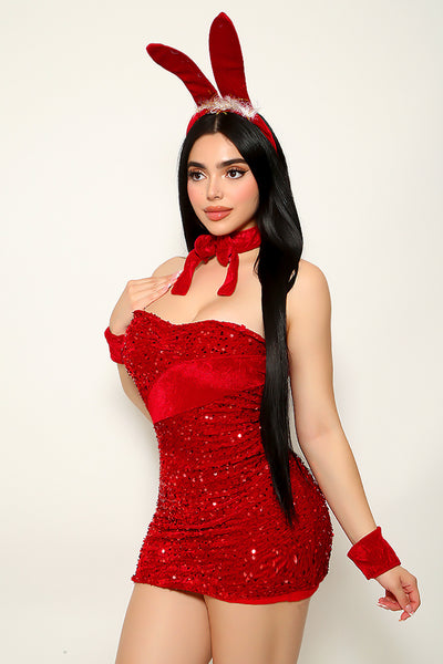 Red Sequin Stretchy Strapless Dress Bow Sexy 5Pc Bunny Costume