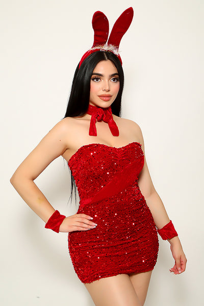 Red Sequin Stretchy Strapless Dress Bow Sexy 5Pc Bunny Costume