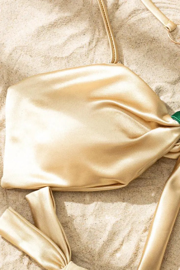 Green Gold Satin Rhinestone One Shoulder Cheeky 2Pc Bikini Swimsuit