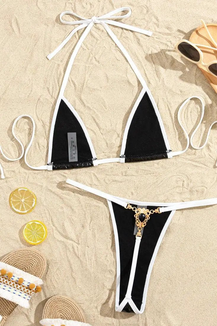 Black Patent White Piping Rhinestone Gem Thong Micro Sexy Bikini 2Pc Swimsuit