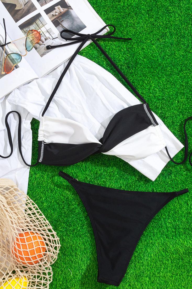 Black White Color Block Twist Halter Rhinestone Cheeky 2Pc Swimsuit Bikini - AMIClubwear