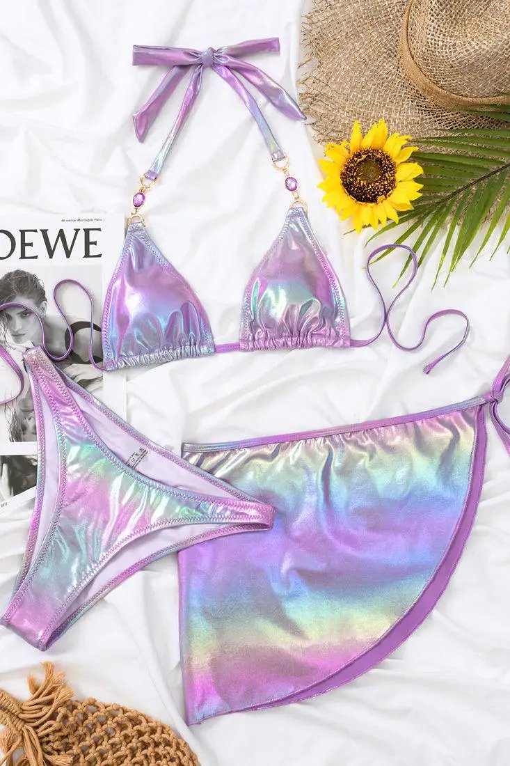 Purple Holographic Metallic Rhinestone Triangle Cheeky Cover-Up 3Pc Swimsuit Set