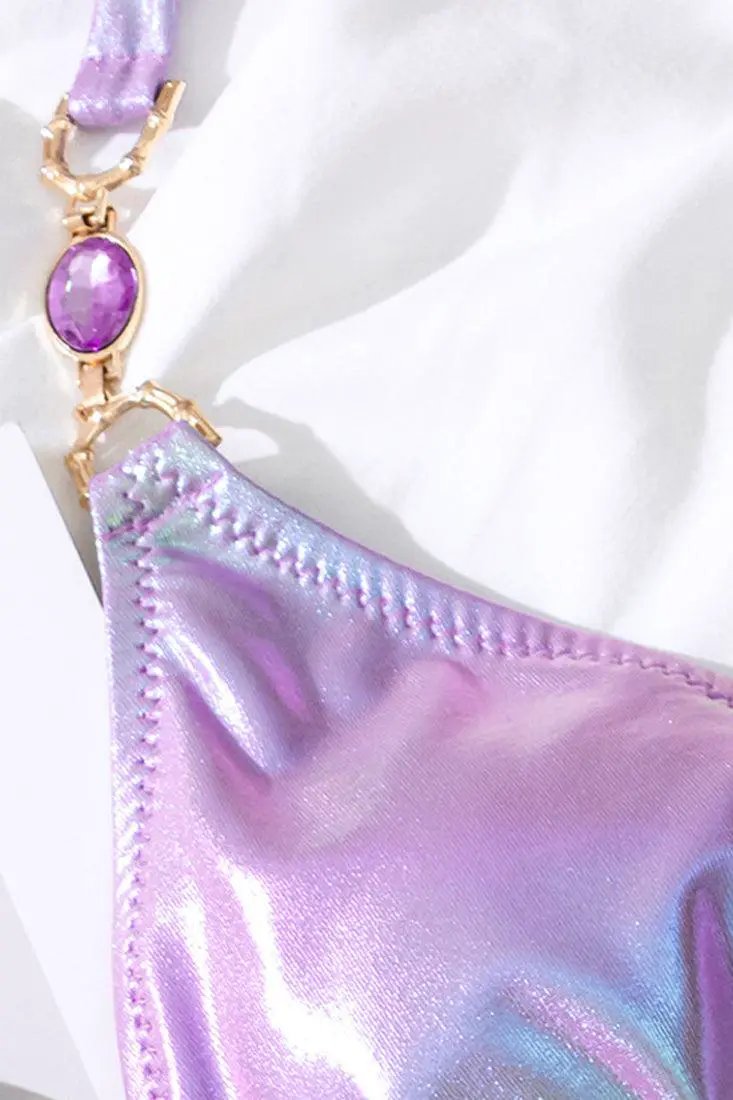 Purple Holographic Metallic Rhinestone Triangle Cheeky Cover-Up 3Pc Swimsuit Set