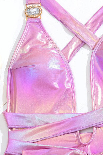 Pink Unicorn Metallic Rhinestone Gem Plunging Cheeky Monokini 1Pc Swimsuit - AMIClubwear