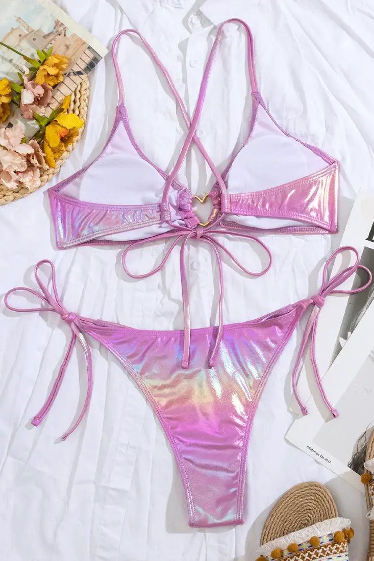 Pink Holographic Shiny Heart Rhinestone Ring Top Cheeky 2Pc Swimsuit Bikini
