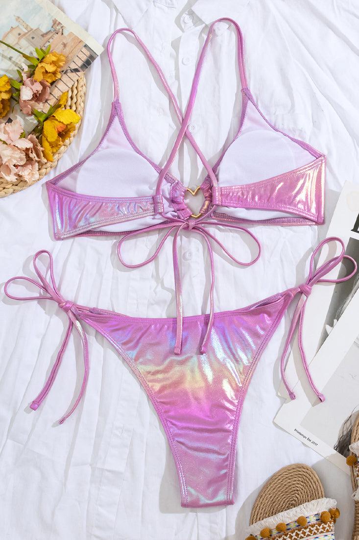 Pink Holographic Shiny Heart Rhinestone Ring Top Cheeky 2Pc Swimsuit Bikini - AMIClubwear
