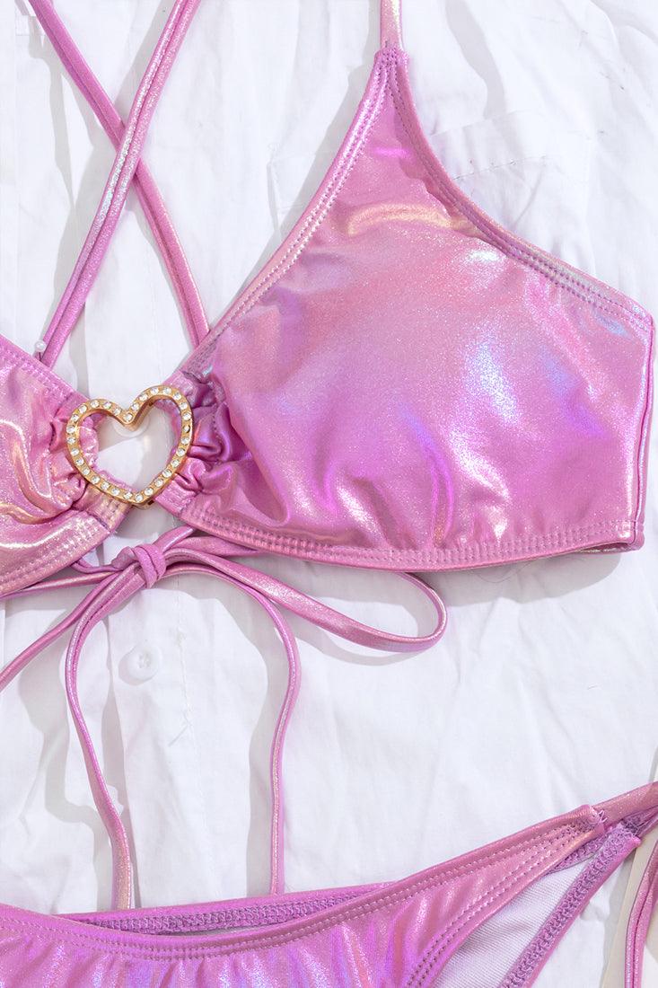 Pink Holographic Shiny Heart Rhinestone Ring Top Cheeky 2Pc Swimsuit Bikini - AMIClubwear
