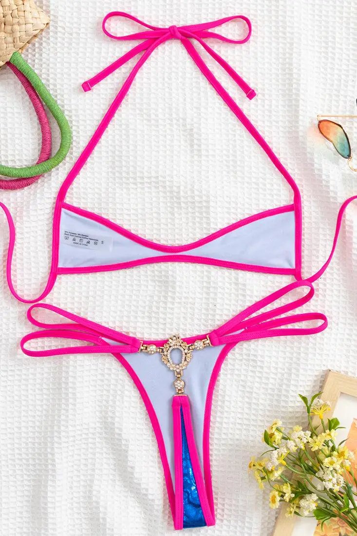 Blue Metallic Pink Piping Ultra Sexy Rhinestone Thong Micro 2Pc Bikini Swimsuit