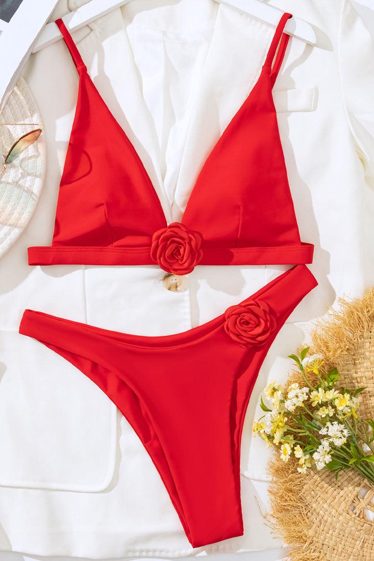 Red Rose Narrow Cut Top Cheeky Sexy 2Pc Bikini Swimsuit - AMIClubwear