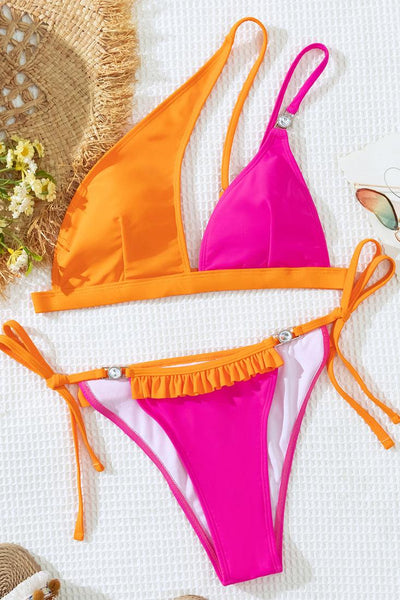Orange Pink Rhinestone Ruffle One Shoulder Cheeky 2Pc Sexy Swimsuit Set Bikini - AMIClubwear