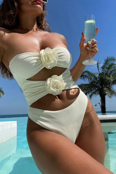 White Roses Cut-Out High Cut Strapless Sexy Monokini Swimsuit - AMIClubwear