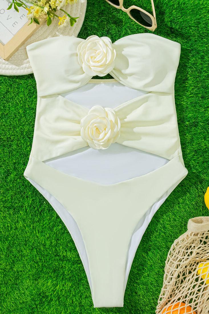 White Roses Cut-Out High Cut Strapless Sexy Monokini Swimsuit - AMIClubwear