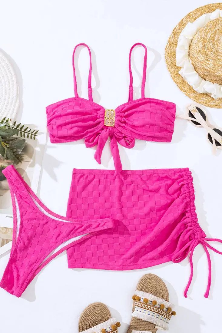 Pink Checker Terry Cloth Gold Buckle Cheeky Cover-Up 3Pc Swimsuit Set