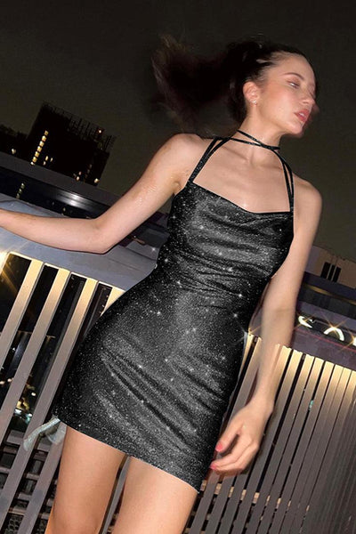 Black Shimmer Halter Strappy Criss Cross Back Sexy Party Dress