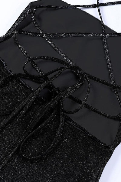 Black Shimmer Halter Strappy Criss Cross Back Sexy Party Dress