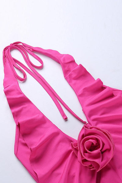 Hot Pink Rose Rosette Ruffle Sexy Halter Dress - AMIClubwear