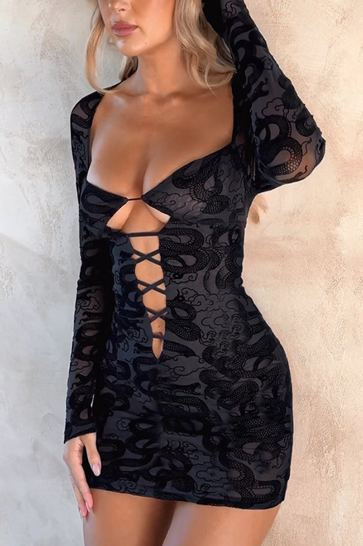 Black Lace Velvet Cut-Out Lace-Up Long Sleeve Sexy Fitted Dress