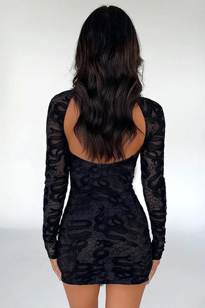 Black Lace Velvet Cut-Out Lace-Up Long Sleeve Sexy Fitted Dress
