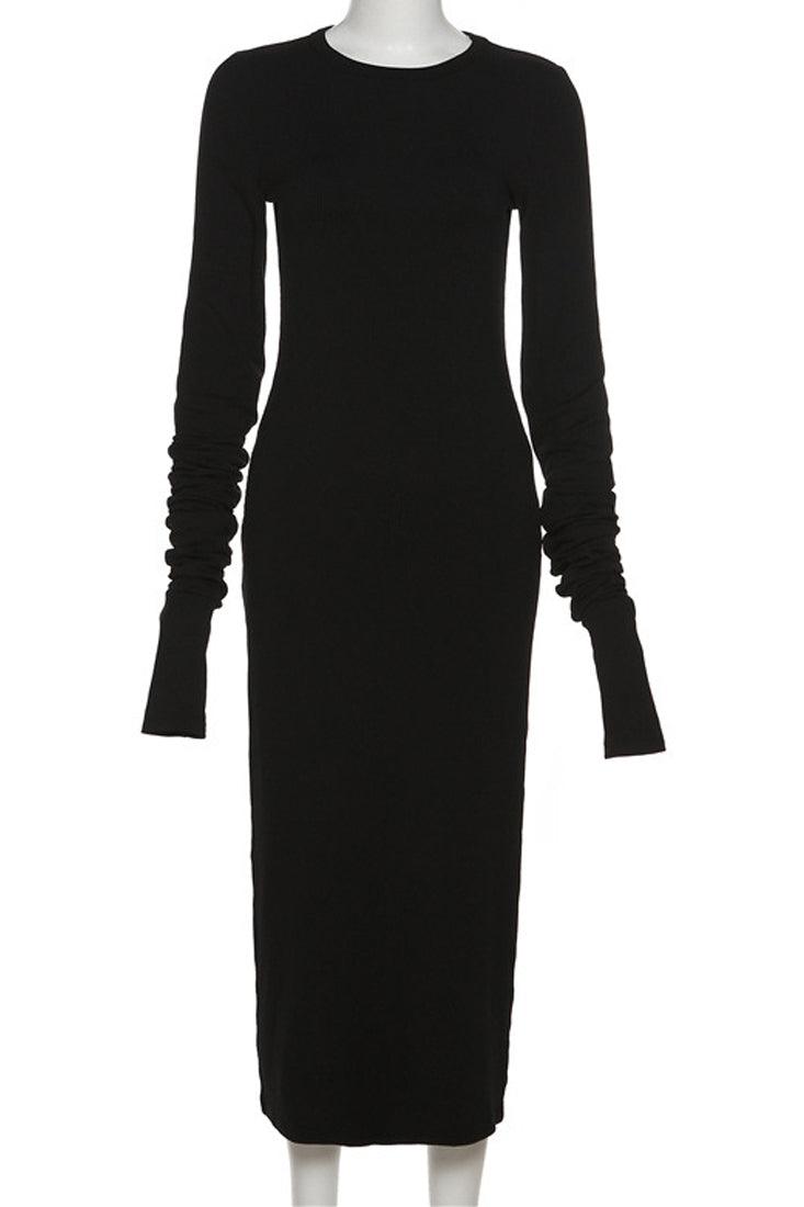 Black Ribbed Over Long Ruched Sleeves Fitted Midi Dress - AMIClubwear