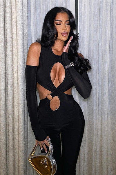 Black Long Sleeves O-Ring Cut-Out Full Length Sexy Fitted Jumpsuit - AMIClubwear