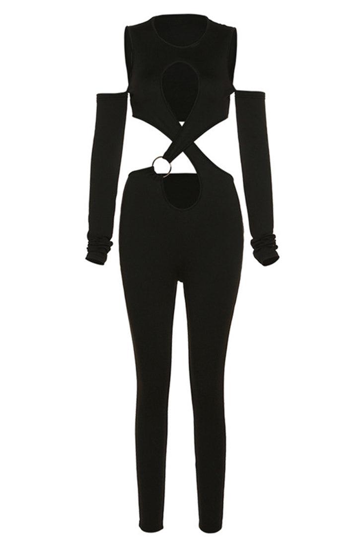 Black Long Sleeves O-Ring Cut-Out Full Length Sexy Fitted Jumpsuit - AMIClubwear