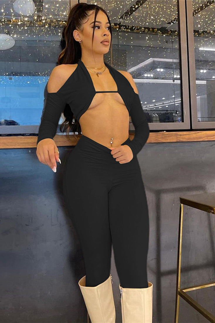 Black Long Sleeve Cut-Out Faux Thong Sexy 2Pc Outfit