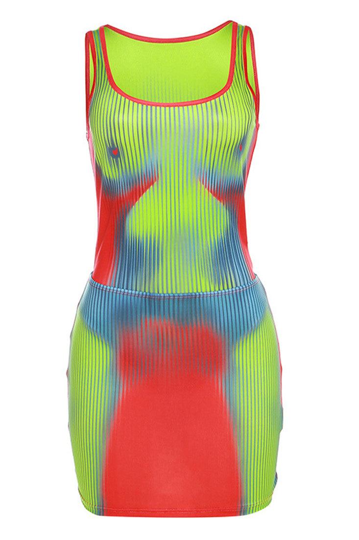 Green Multi Body Print Bodysuit Skirt 2Pc Sexy Outfit Dress
