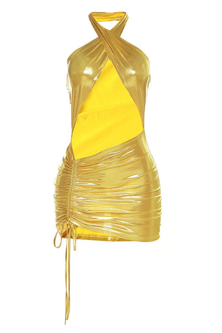 Gold Metallic Halter Draw String Ruched Sexy Fitted Party Dress - AMIClubwear