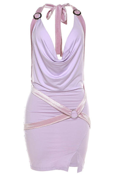 Lavender Halter O-Ring Velvet Strap Slit Sexy Dress - AMIClubwear