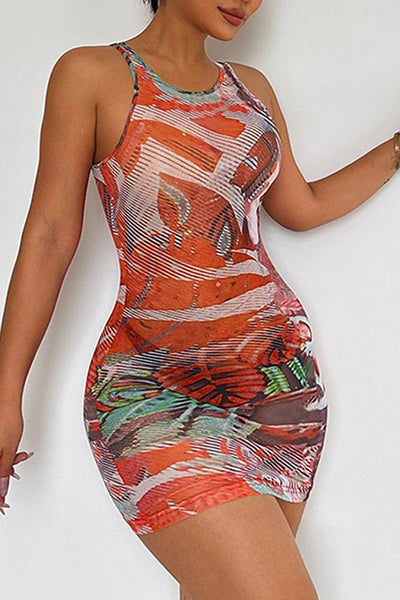 Orange Printed Mesh Sleeveless Sexy Stretchy Fitted Mini Dress - AMIClubwear