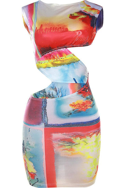 Multi Printed Cut-Out Sleeveless Sexy Mini Dress