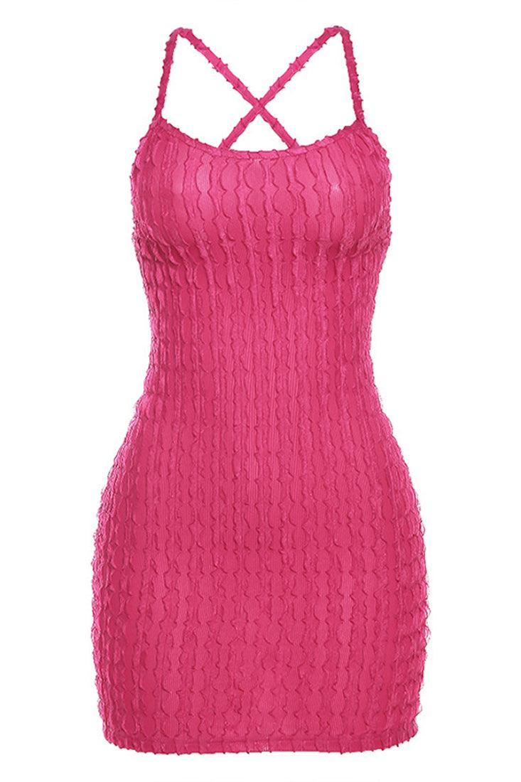 Hot Pink Textured Halter Strappy Sexy Mini Dress