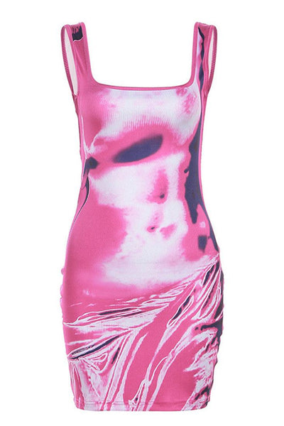 Pink Body Contour Printed Sexy Fitted Sleeveless Backless Mini Dress - AMIClubwear