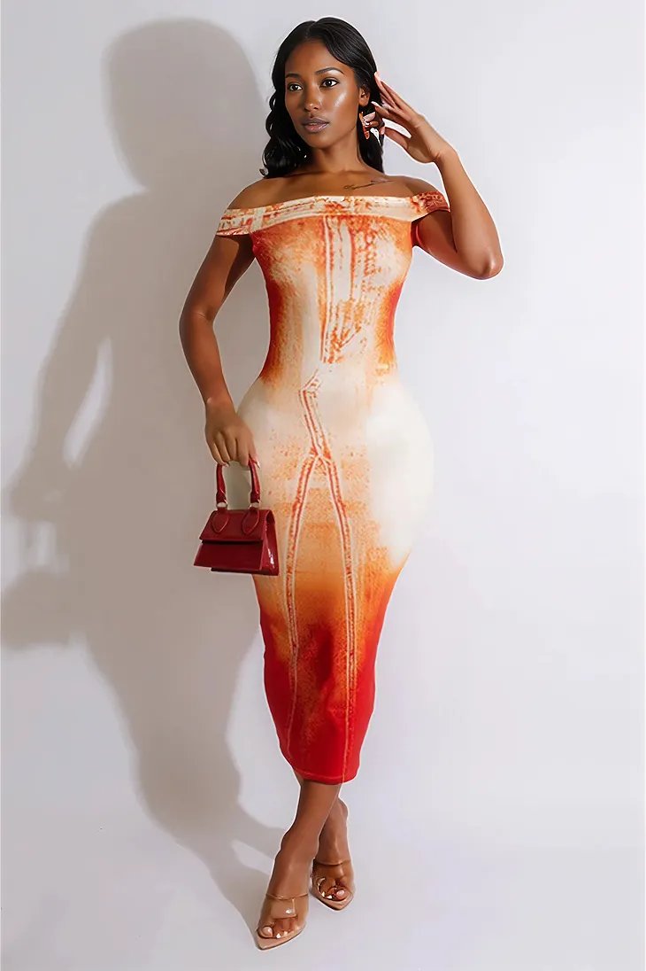 Orange Off Shoulder Distressed Denim Print Sexy Fitted Midi Dress