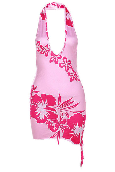 Pink Halter Hawaiian Flower 3D Asymmetrical Sexy Vacation Party Dress - AMIClubwear