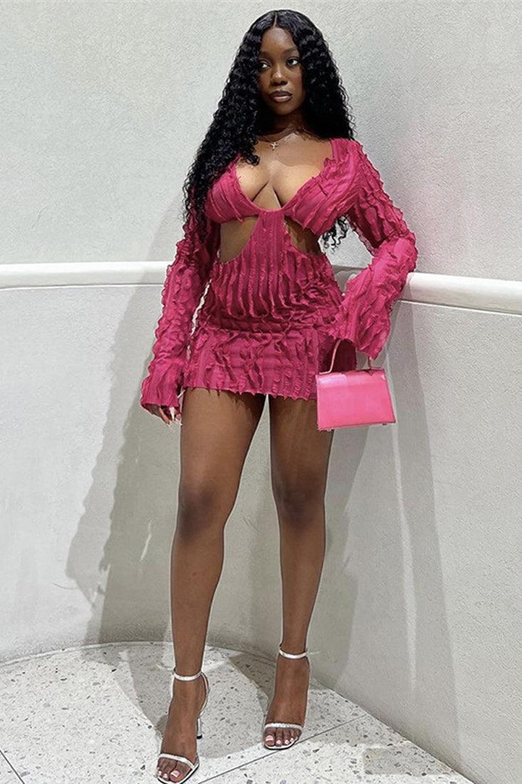 Pink Ruffle Texture Long Sleeves Cut-Out Sexy Dress
