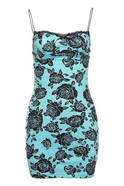 Blue Black Rose Lace Bow Thin Straps Sexy Fitted Mini Dress