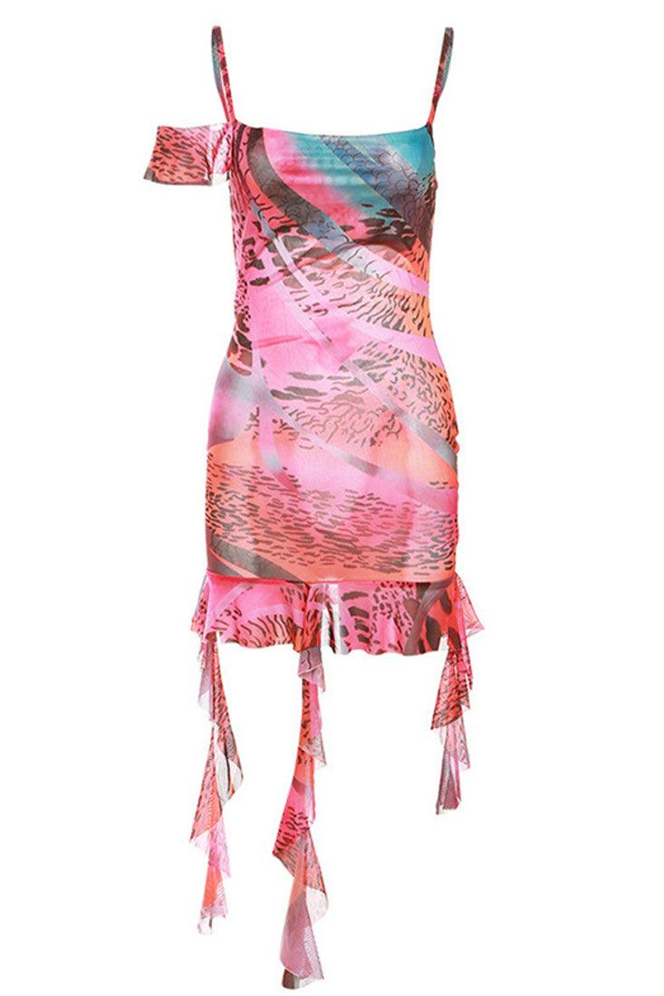 Pink Multi Animal Print Ruffle Mesh Sexy Drape Dress - AMIClubwear