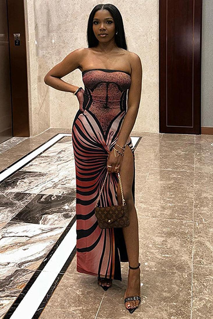 Brown Printed Strapless High Slit Sexy Maxi Dress